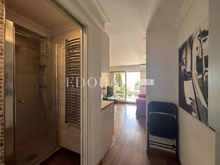 Petit studio en très bon état avec terrasse couverte, agréable jardin et magnifique vue mer panoramique