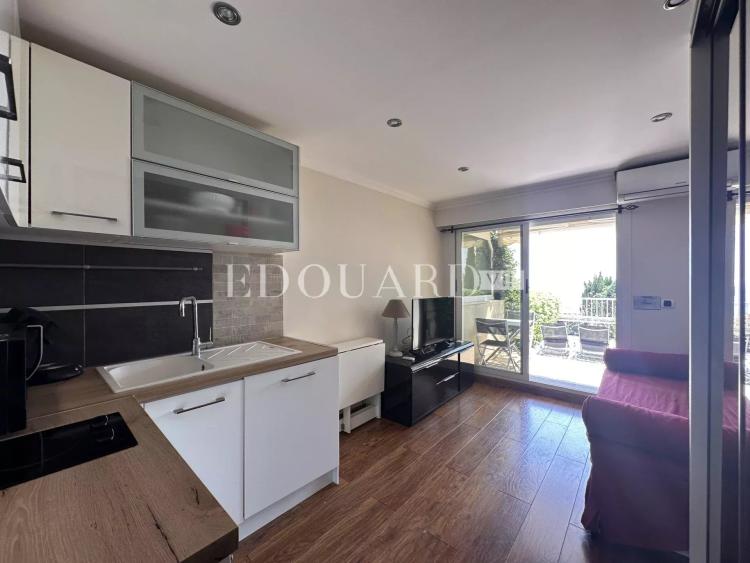 Petit studio en très bon état avec terrasse couverte, agréable jardin et magnifique vue mer panoramique