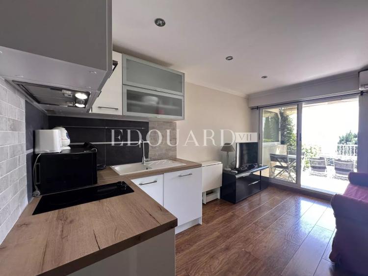 Petit studio en très bon état avec terrasse couverte, agréable jardin et magnifique vue mer panoramique